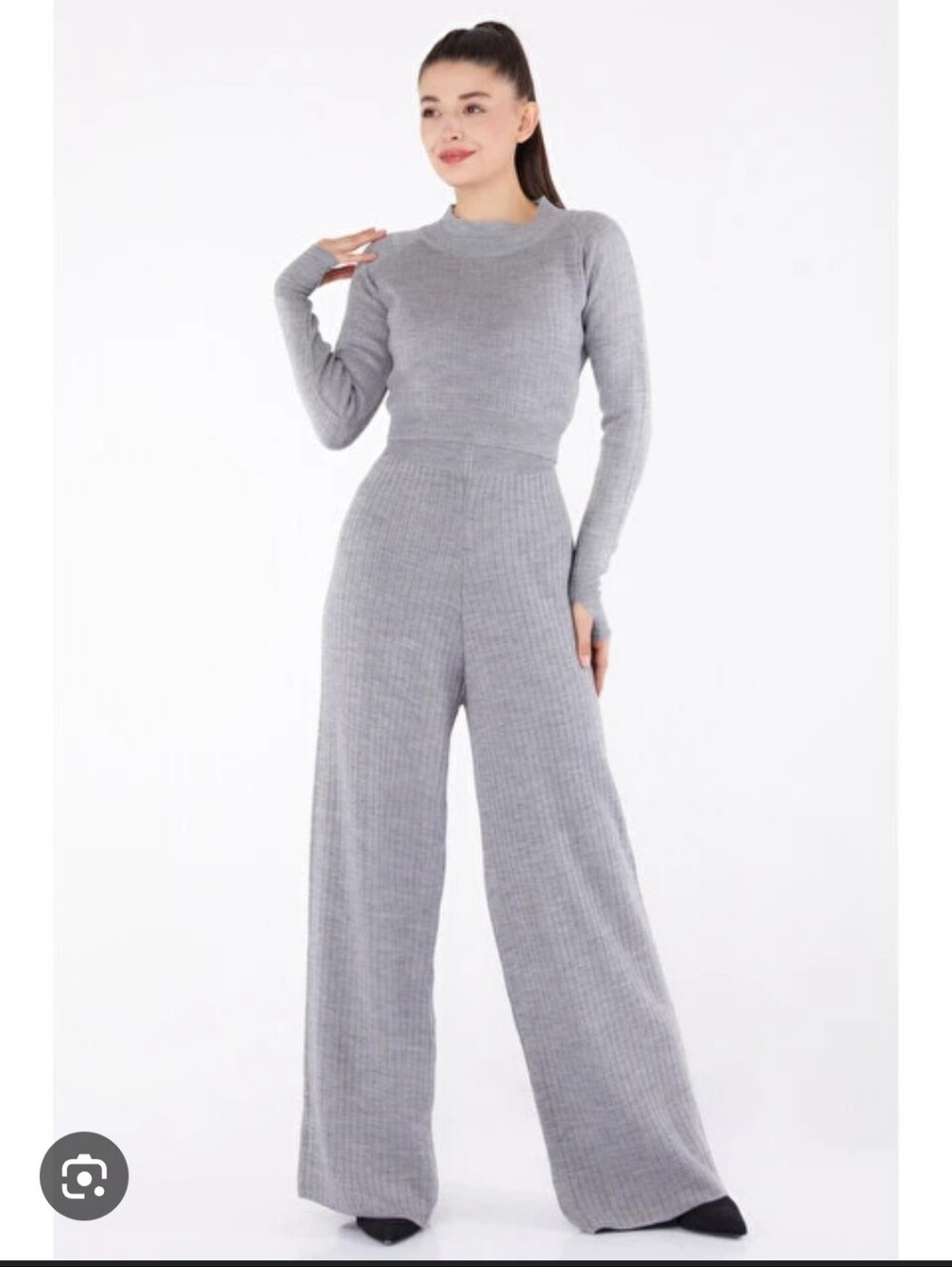 By Egris Gray Long Sleeve Ribbed Flare Leg Jumpsuit